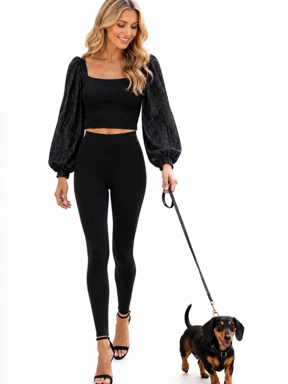 WILDFOX Black Metallic Pleated Puff Sleeve Blouse – Size Medium